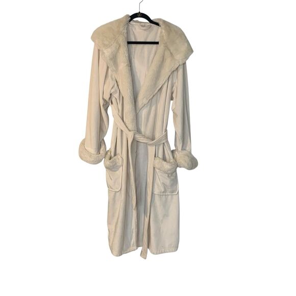 Pottery Barn Cream Faux Fur Lined Hooded Loungewear Robe XL Cozy Warm Comfort